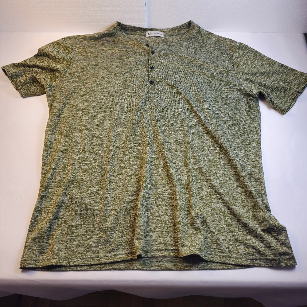 KUYIGO Mens Henley Shirt XL Green Heather Short Sleeve 4-Button Poly Spandex